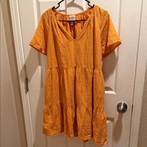 Knox Rose Golden V-Neck Tiered Mini Dress (Lined with pockets)